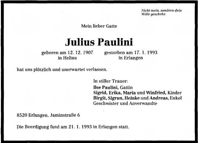 Paulini Julius 1907-1993 Todesanzeige